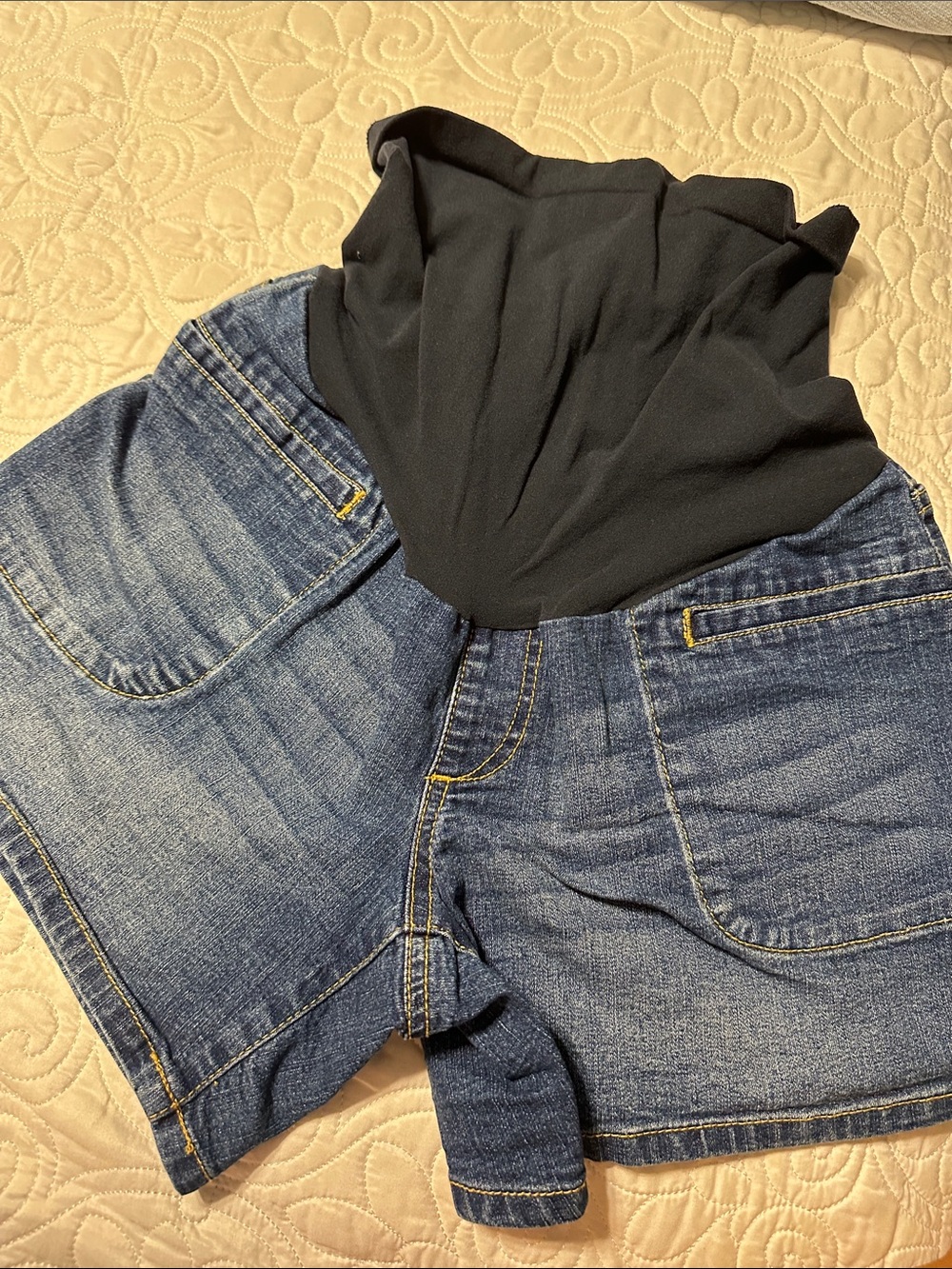 Motherhood Maternity Blue Denim Jean Shorts with Black Waistband